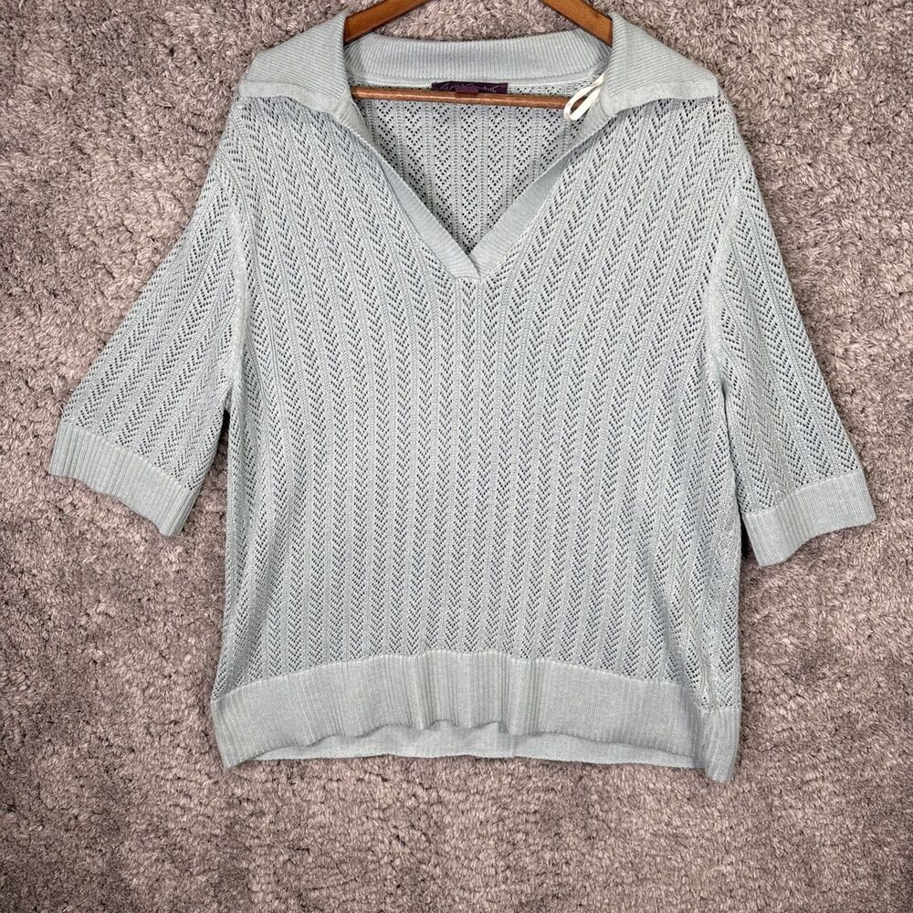 Gloria Vanderbilt Crochet Knit Blouse Top Teal Blue Large Collared V Neck Boho